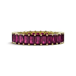 High Quality Pure Gold Baguette Cut Natural Rhodolite Garnet Shared Prong with Side Gallery Work Women Eternity Ring