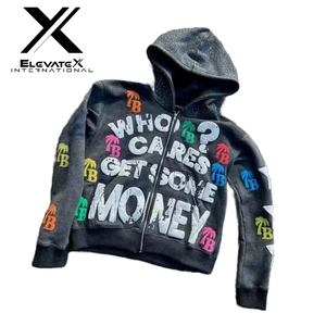 Sweat-shirt à capuche zippé imprimé bouffant multicolore pour hommes, style américain délavé, technique brodée, meilleur fabricant, teint uni - Product Image 5