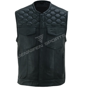 Gilet de moto en cuir véritable pour homme, coupe diamant, fermeture éclair, plusieurs poches, doublure intérieure en polyester - Product Image 1