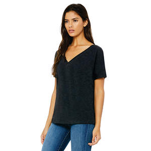 65% Poly 35% Viscose 32 simple 3.7 oz noir charbon de bois T-Shirt femme ample col en v avec ourlet inférieur incurvé subtil coton - Product Image 2