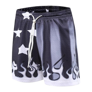 Pantalones cortos de baloncesto para hombre Flame Graphic Print, Casual Workout Athletic Mesh Running Short Pants Star Flame Black Grey - Product Image 5