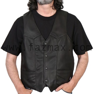 Gilet en cuir de vachette de qualité supérieure pour hommes, noir avec boutons-pression noirs, technique de lavage, fermeture à glissière, respirant, grande taille - Product Image 1