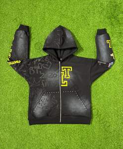 Sudadera con capucha lavada con ácido vintage parches bordados personalizados serigrafía gráfica con pedrería Sudadera con capucha de algodón de gran tamaño ropa de calle - Product Image 1