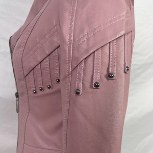 Fashionable Women's Motorcycle Jacket Turn-Down <b>Collar</b> Customizable Colors-Pink Black Red Genuine Sheep Skin Leather OEM Cotton - Product Image 4