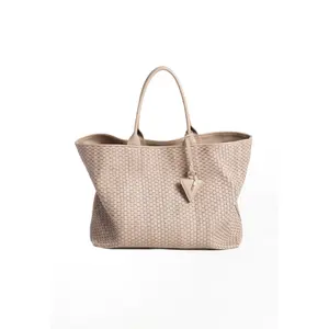 High Italian Quality Woven with 18th Century Treadle Looms Leather Large Tote Bag Taupe for Everyday use