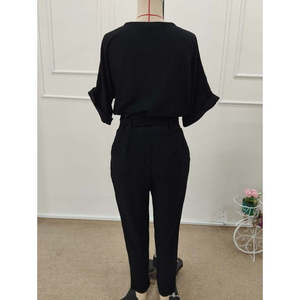 Women's Short Sleeve Collared Front Buttoned Crinkle Blouse and <b>Trousers</b> Two-Piece Set, 34912 - Black - Product Image 6