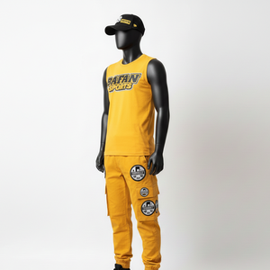 Conjunto de Camiseta sin Mangas de Algodón Grueso y Pantalones Cargo con Logotipo Bordado en Amarillo, Tela Premium, 2 Piezas, para Hombre - Product Image 5