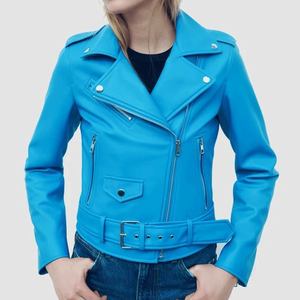 Manteau de veste de Moto en cuir d'agneau véritable bleu élégant pour femmes Veste en cuir souple de style motard pour femmes - Product Image 5