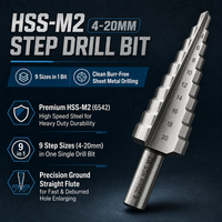 Foret étagé HSS M2 4-20mm à 9 étapes, à cannelure droite, à queue triangulaire, conique pagode pour tôle