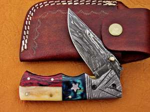 มีดพกพับได้ทำด้วยมือทำจากเหล็กดามัสกัสแบบสั่งทำปลอกหนังมีที่จับแบบเท็กซัสราคาประหยัดสำหรับการล่าสัตว์ - Product Image 2