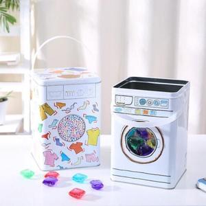 Metal Laundry Powder Tin Washing Machine Shape Storage Box Metal Container with clear window lid