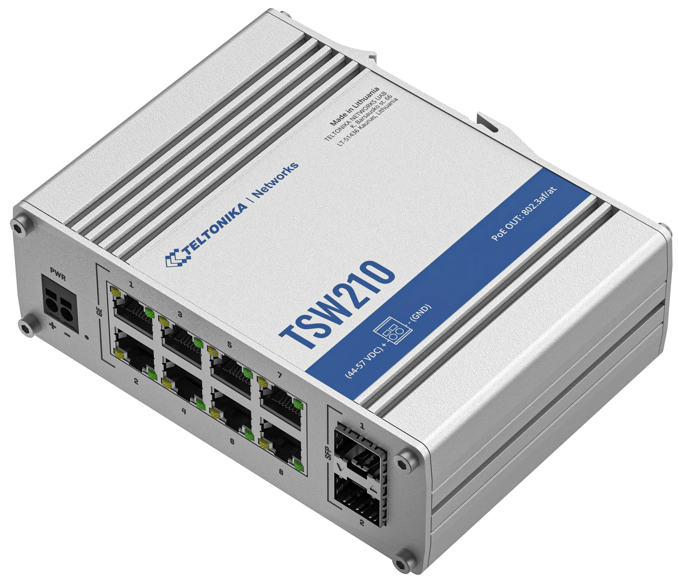 텔토니카 TSW210 DIN 레일 스위치 8x10/100/1000 Mbps LAN 포트, 장거리 광섬유 통신을 위한 2 개의 SFP 포트
