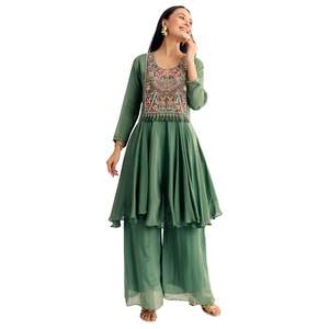 Chinon vert Zardosi Palazzo costume en gros femmes vêtements ethniques OEM usine de vêtements fournisseur en vrac fabricant de mode personnalisé - Product Image 3