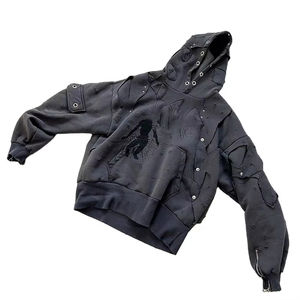 Sudadera con capucha de invierno de talla grande, gruesa, con cremallera, personalizada, con lavado ácido desgastado, oversize, 100% algodón, con pedrería, de corte regular, bordada - Product Image 5