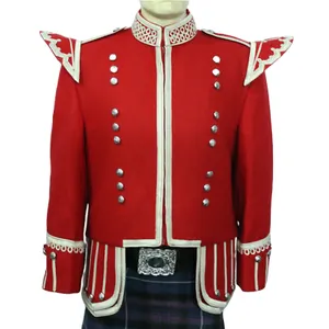 Red Marching Band Doublet Jacke mit goldenen Schnürsenkeln Trim Buttons Bag piper Marching Band Doublet für Jugendliche Männer und Frauen erhältlich