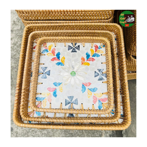 Bandeja de Servicio de Mosaico de Ratán con Madreperla Mixta, Bandeja Natural Hecha a Mano para Decoración del Hogar y para Servir Té, Café y Aperitivos - Product Image 4
