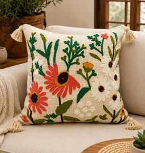 Cojín Decorativo Bordado a Mano con Flores de Algodón, Cojín Boho con Borlas para Decoración del Hogar - Product Image 1