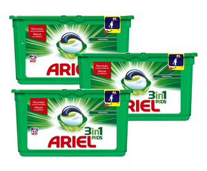 Cápsulas de detergente Ariel 3 en 1 con aroma original, perfectas para las necesidades diarias de lavandería. - Product Image 1
