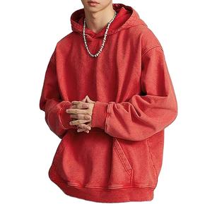 Sweatshirts à capuche surdimensionnés à épaules tombantes de couleur unie rouge délavé à l'acide de haute qualité personnalisés à la mode pour hommes - Product Image 1
