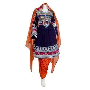 2024 Vente chaude Afghani Vintage Salwar Kameez Belle impression dessinée à la main sur soie et lin pour adultes - Product Image 6