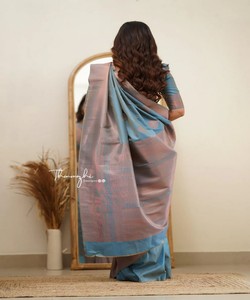 TENDENCIA SOFT LICHI SEDA JACQUARD TRABAJO SAREE CON BLUSA DESCOSADA ROPA INFORMAL PRECIO AL POR MAYOR ROPA ÉTNICA AZUL - Product Image 3