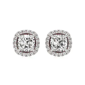 Alina <b>Square</b> Cushion and Round Halo <b>Diamond</b> Stud <b>Earrings</b> - Product Image 1