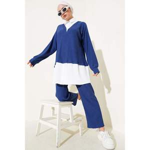 Ensemble 2 Pièces Tunique Chemise Garnie en Crêpe Bleu Marine - Product Image 3