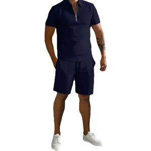 Conjunto Casual de Verano para Hombre, Camiseta Polo Gris Claro con Pantalones Cortos con Cordón, Color Sólido, Poliéster - Product Image 3