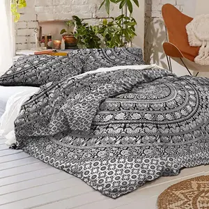 Copripiumino nero e bianco elefante Mandala indiano piumino biancheria da letto in cotone Queen King Size Doona Set 2 con cuscino