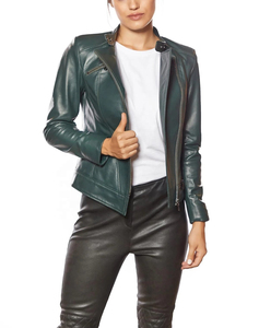 Women's <b>Leather</b> Moto Biker <b>Jacket</b> Full Sleeve Zipper Closure Stand Collar Solid <b>Brown</b> Autumn Outerwear Regular Fit - Product Image 2