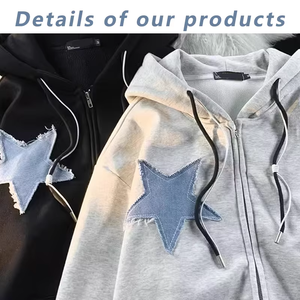 Sudadera con capucha con apliques bordados desgastados personalizados para hombres 14oz 70% algodón 30% poliéster Terry cremallera patrón sólido negro con capucha - Product Image 3