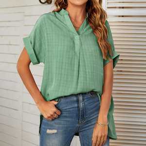 2025 <b>women</b> polyester v neck blouse breathable casual summer t <b>shirt</b> <b>loose</b> fit solid color woven style lightweight top wholesale - Product Image 5