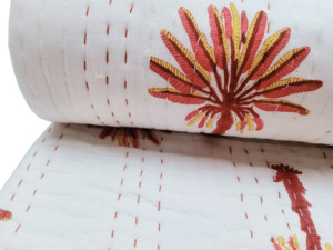 100% Cotton Vintage Kantha <b>Quilt</b> Reversible Floral Bed Cover Queen Size Modern Style Palm Tree Print <b>Throws</b> Blanket Bedding Set - Product Image 2