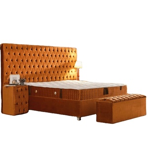 YOGA Juego de dormitorio de lujo Base de cama de almacenamiento Cabecero 2 Mesitas de noche Tapicería de cuero de lino de terciopelo Tamaños 140-200 cm Madera - Product Image 1