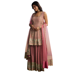 Vente de gros Ensemble Palazzo floral rose avec Dupatta Vêtements ethniques pour femmes Vêtements OEM Fournisseur d'usine Tenue de mariage personnalisée - Product Image 2