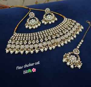 Luxury Gold Plated <b>Pearl</b> Bridal Jewelry Set <b>Choker</b> Necklace Earrings Maang Tikka-Ethnic Indian Design for Engagement Party - Product Image 1