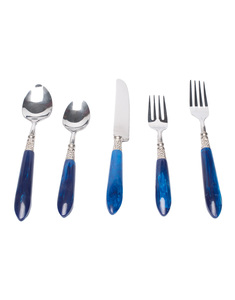 Ensemble de couverts élégant à poignée en résine bleue avec tête en argent couverts de qualité supérieure pour les fêtes à la maison, les restaurants et les repas quotidiens - Product Image 1