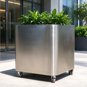 Jardinière en acier inoxydable brossé de grande taille avec roulettes verrouillables, jardinière mobile pour usage commercial - Product Image 1