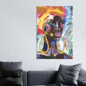 ภาพวาดผู้หญิงแอฟริกันบนผ้าใบ: ภาพเหมือนแนวเอ็กเพรสชันนิสม์ที่โดดเด่น ตกแต่งสไตล์แอฟโฟรที่มีชีวิตชีวา ผ้าใบหุ้ม - Product Image 1