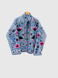 Veste en velours brodée à manches longues avec broderie florale faite à la main, col châle, grande taille, pour femme, automne - Product Image 2