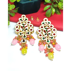 Boucles d'oreilles pendantes en or plaqué or rose et jaune, style Meenakari Kundan, bijoux de mode - Product Image 2