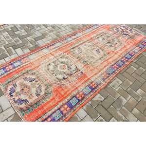 Vintage Turkish Rug 4x9.1 ft (121x276 cm), <b>Red</b> Bordered <b>Wool</b> Rug - Product Image 2