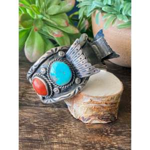 Vintage Navajo Kingman Turquoise & Coral Handmade Sterling <b>Silver</b> Watch <b>Cuff</b> <b>Bracelet</b> - Product Image 3