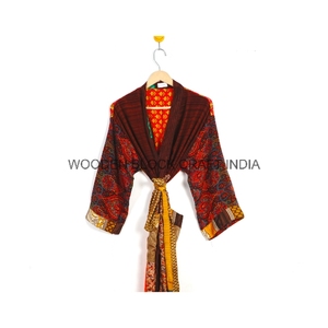 Kimono Maxi de seda crepé para mujer, elegante estampado Floral, diseño de retazos, cierre de cordón, satén hasta la rodilla para el verano - Product Image 6