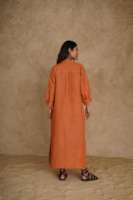 Luxe lin col en V à manches longues couleur unie fente latérale femmes robe mi-longue Vintage été nouveautés lâche col en v robe en lin