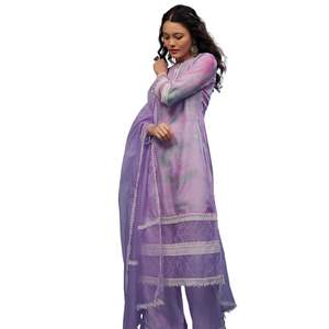 Traje Palazzo bordado púrpura lavanda en seda viscosa, venta al por mayor, Ropa Étnica para mujer, proveedor de fábrica de ropa OEM personalizado - Product Image 3