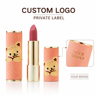Tube de rouge à lèvres en velours pêche personnalisé avec logo brodé ours Kawaii, vente en gros, fournisseur OEM, faible MOQ