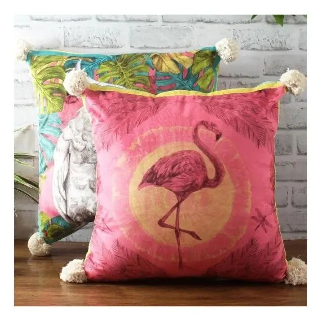 Flamingo Cushion Cover Summer Tropical Plants Embroidered Pillowcase Green Leaves Flamingo Pillow Case Flamingo Cushion Cover