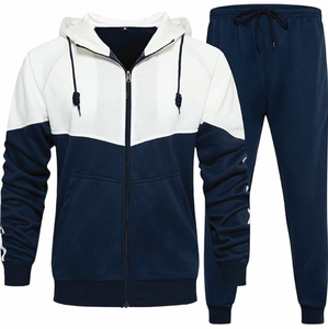 Ensemble de survêtement athlétique décontracté 2 pièces pour homme, personnalisé OEM, léger, en coton/polyester/spandex, avec sweat à capuche et pantalon de survêtement color block - Product Image 1