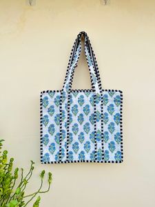 Indian Handmade 100% Pure Cotton Women's Spring Summer Floral Hand Block Printed Quilted Tote <b>Bags</b> Zipper Closure Customizable - Product Image 4